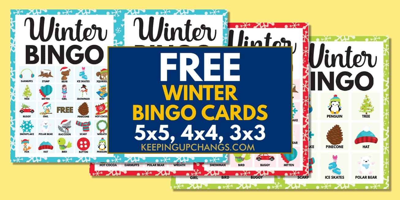 free winter bingo cards 5x5, 4x4, 3x3 for birthday party, wedding, baby shower.