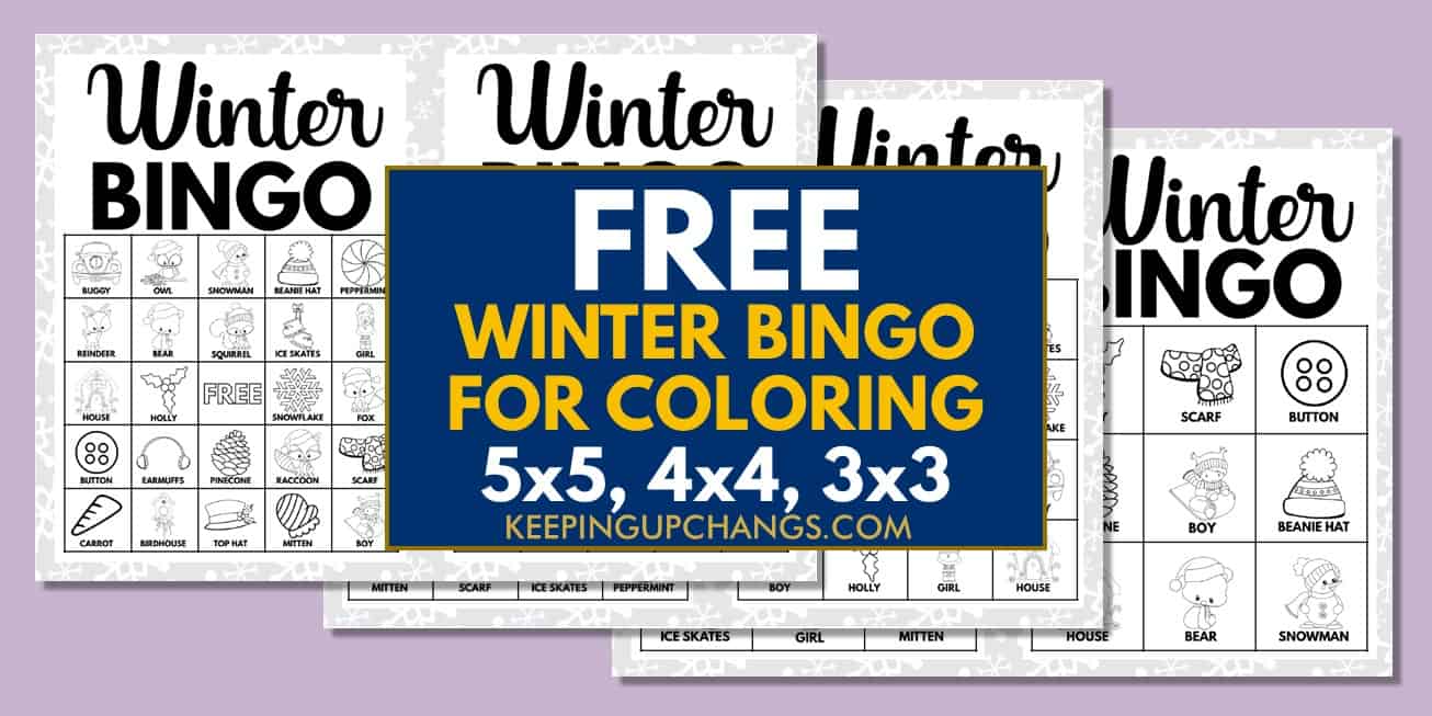 free black, white winter bingo cards 5x5, 4x4, 3x3 for birthday party, wedding, baby shower.