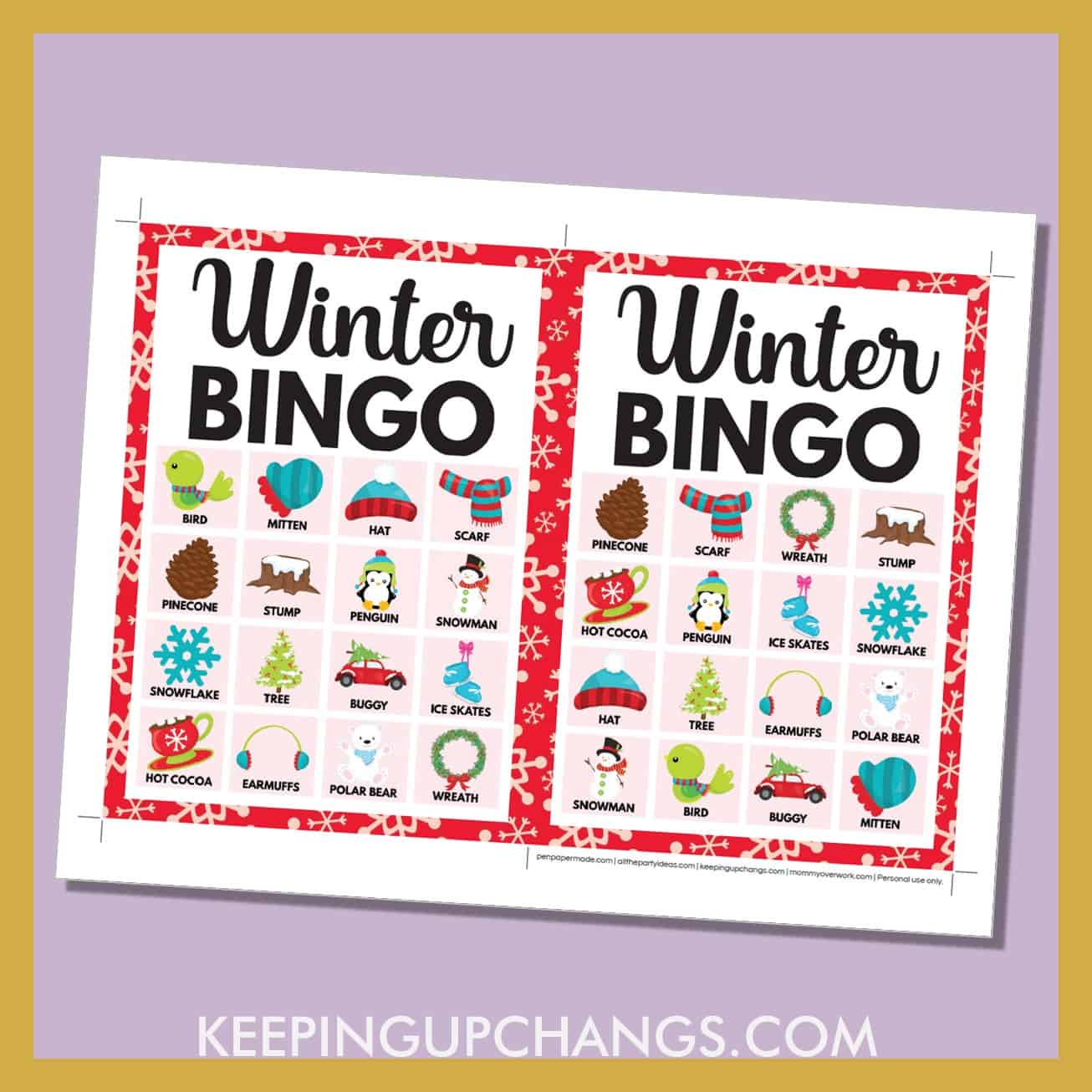 free winter bingo card 4x4 5x7 game boards with images and text words.