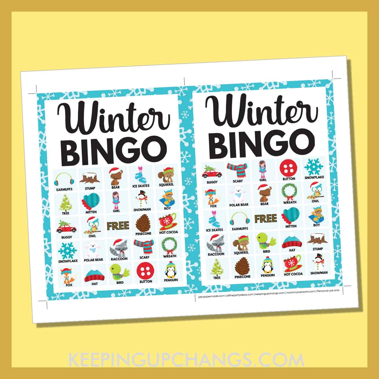 free winter bingo card 5x5 5x7 game boards with images and text words.