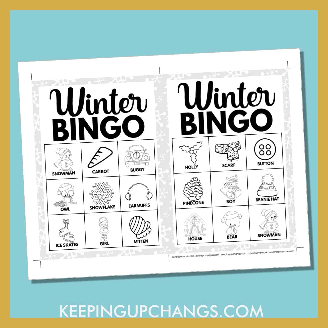 free winter bingo card 3x3 5x7 game boards with black, white images and text words.