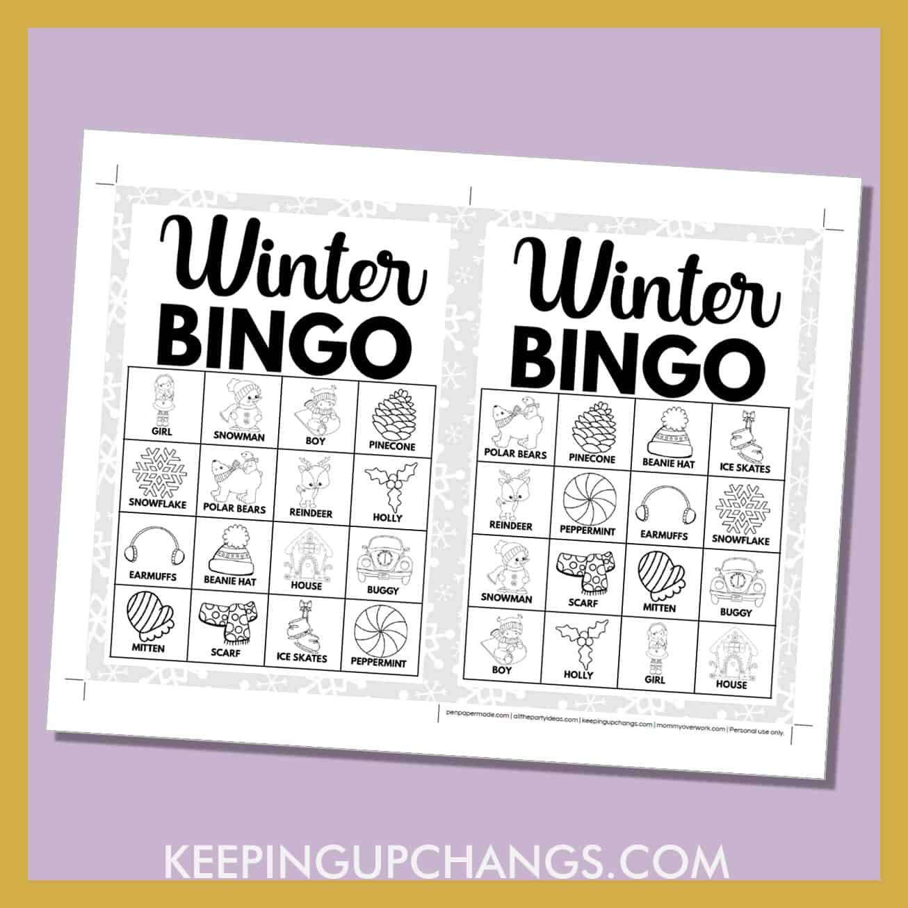 free winter bingo card 4x4 5x7 game boards with black, white images and text words.