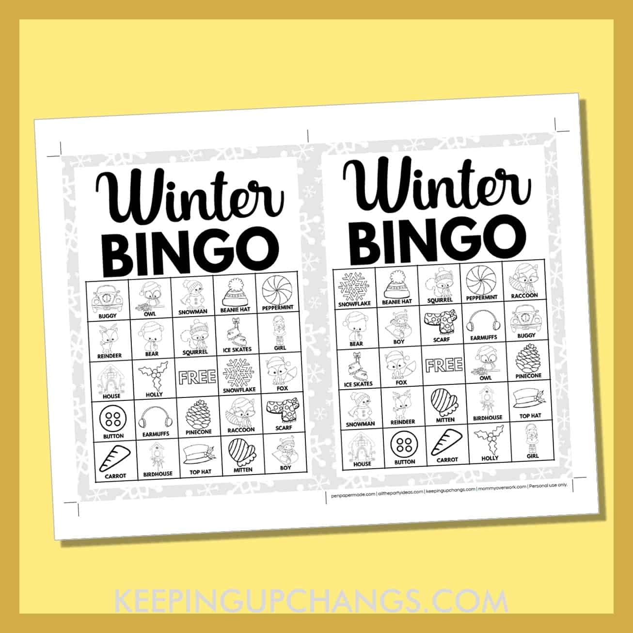 free winter bingo card 5x5 5x7 game boards with black, white images and text words.