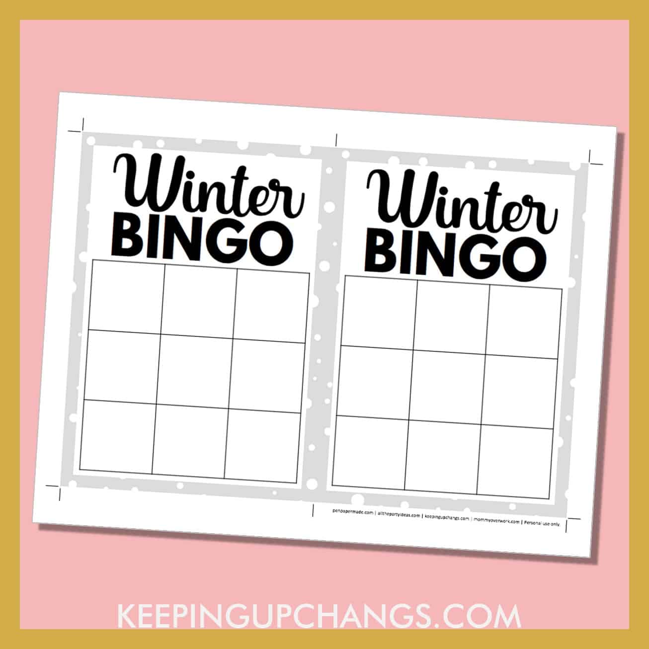 free winter christmas bingo 3x3 grid black white game board blank template.