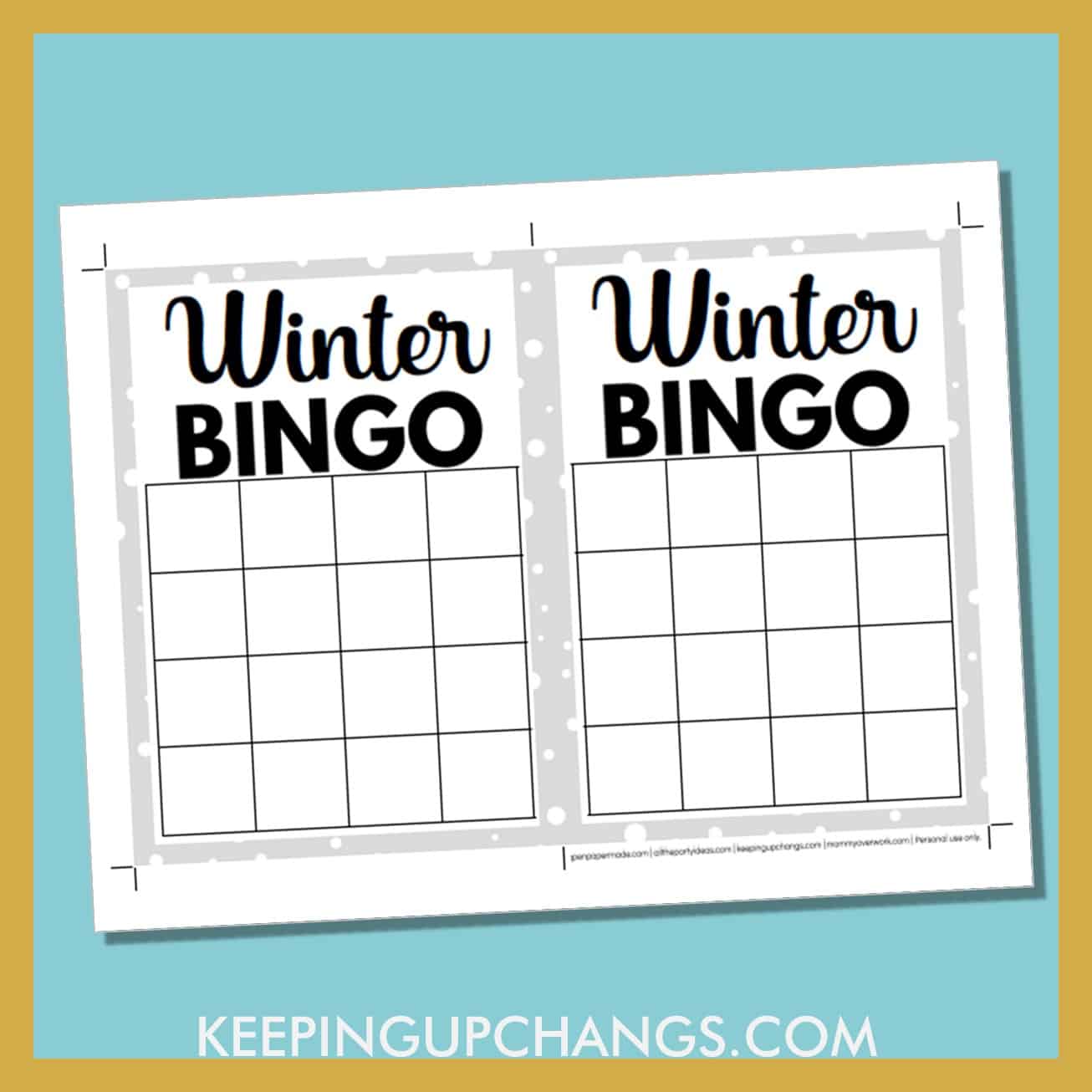 free winter christmas bingo 4x4 grid black white game board blank template.