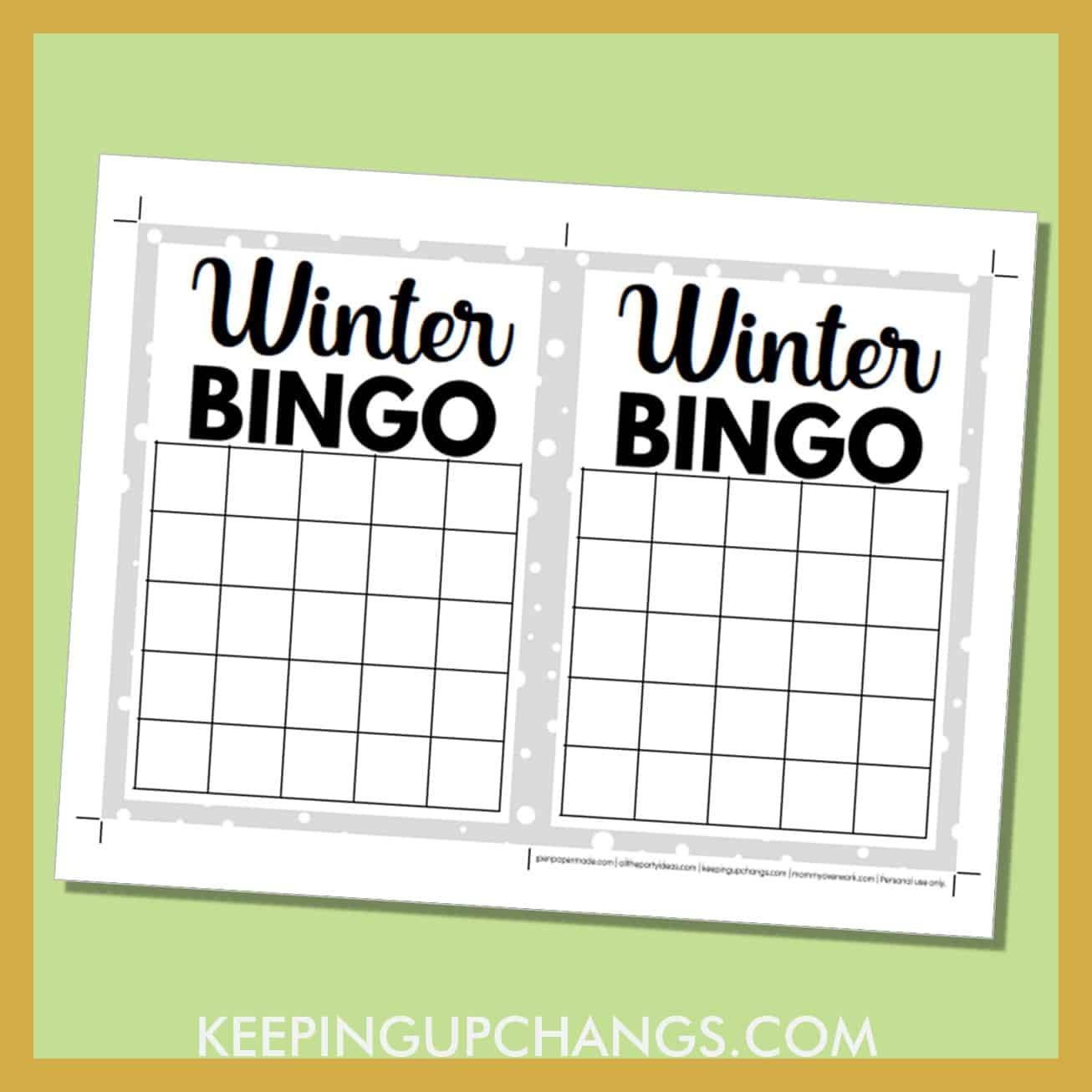 free winter christmas bingo 5x5 grid black white game board blank template.