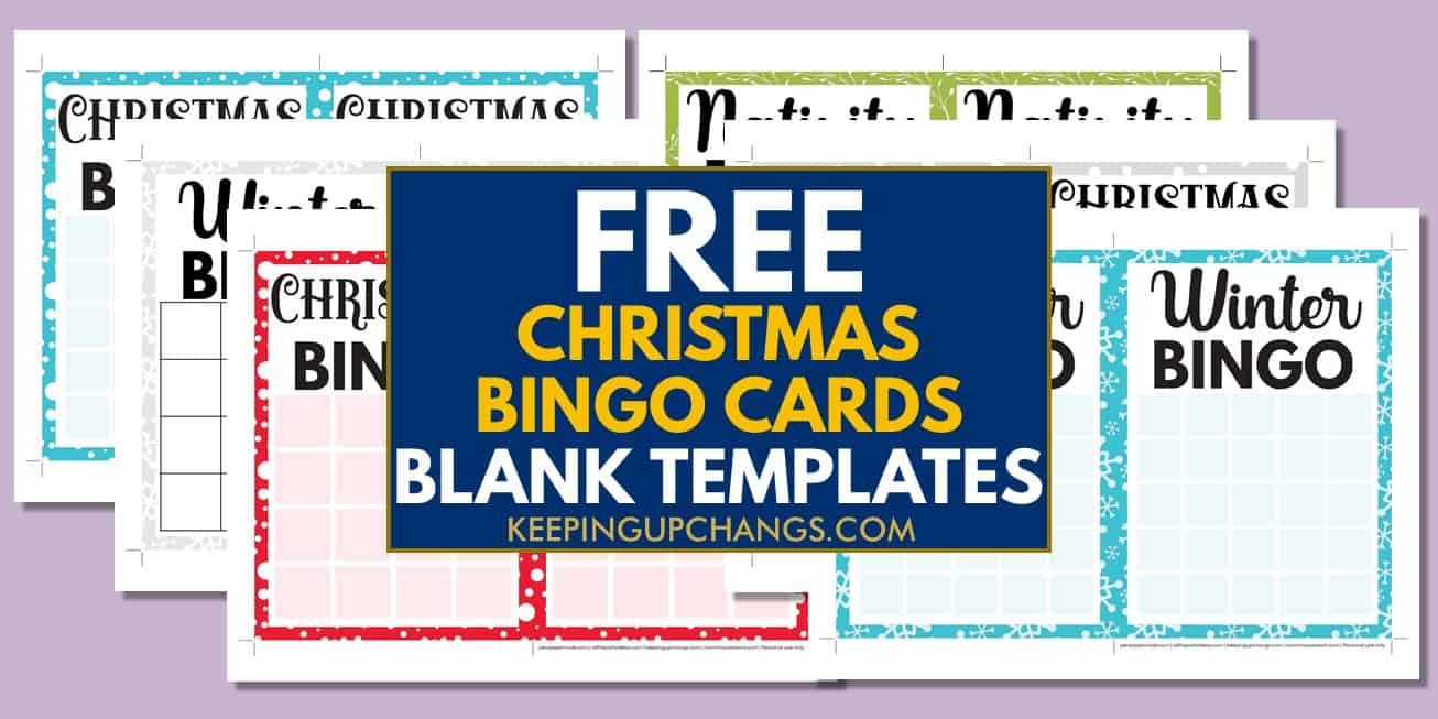 free winter christmas bingo cards blank templates 3x3, 4x4, 5x5 for party, school, group.
