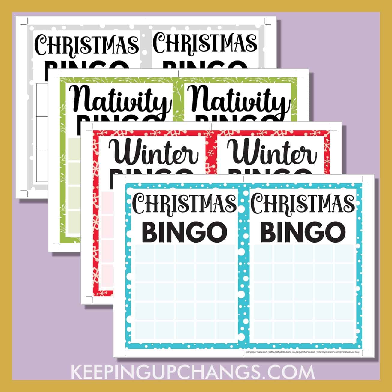 free blank christmas bingo card printable templates in 3x3, 4x4 and 5x5 grids.