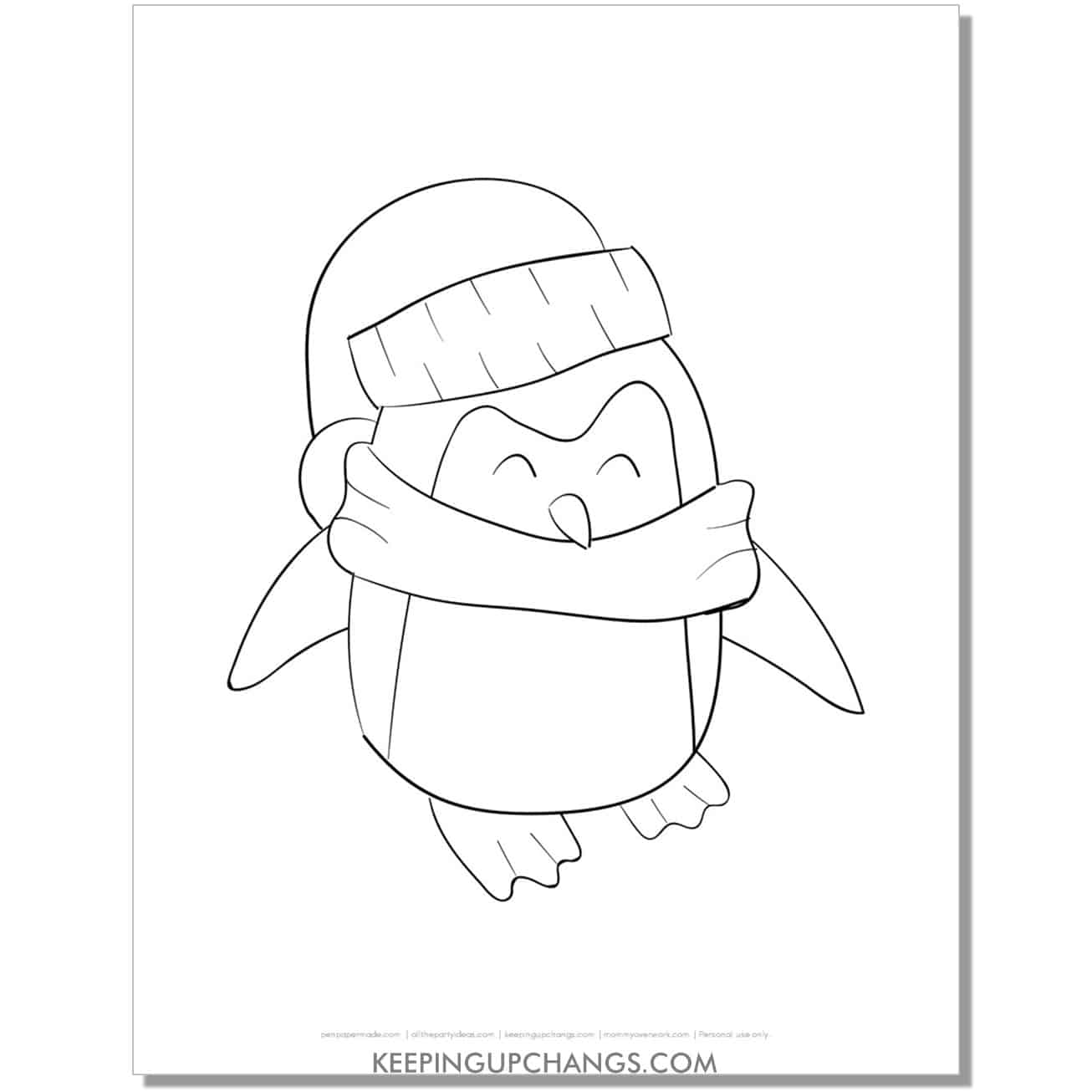free simple penguin hand drawing with scarf, hat coloring page.