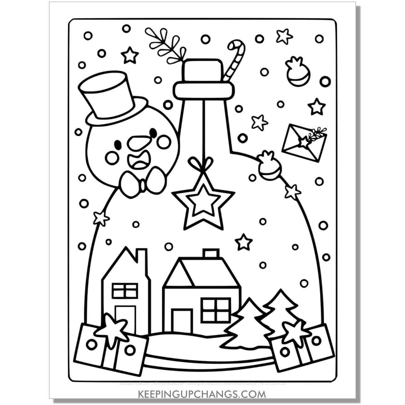 free snow globe snowman village coloring page.