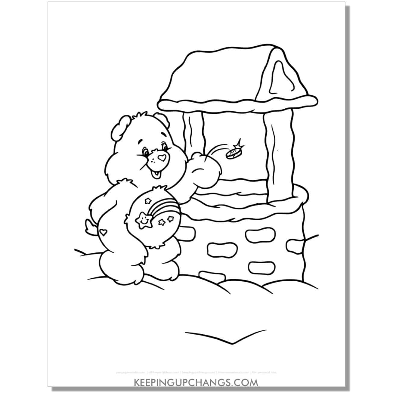 wish bear throwing coin into well care bear coloring page, sheet.
