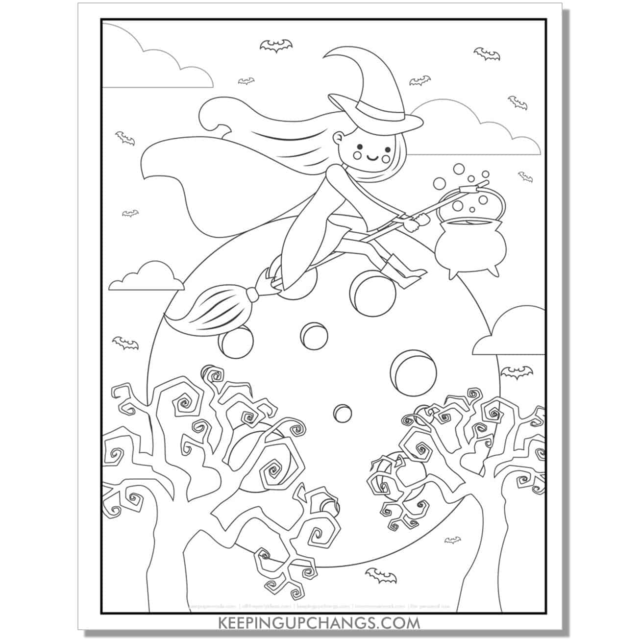 free cute, chibi witch full size coloring page.