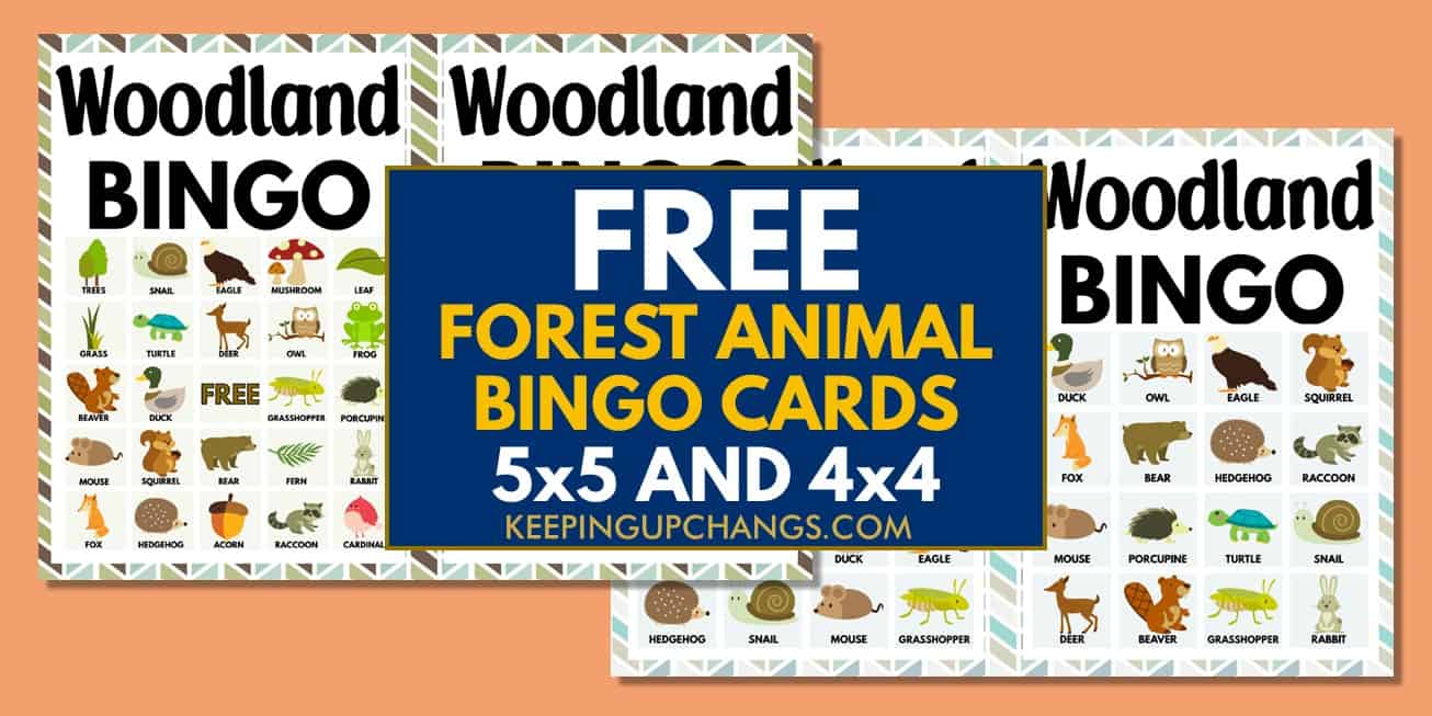 free woodland bingo cards 5x5 4x4 for birthday party, wedding, baby shower.