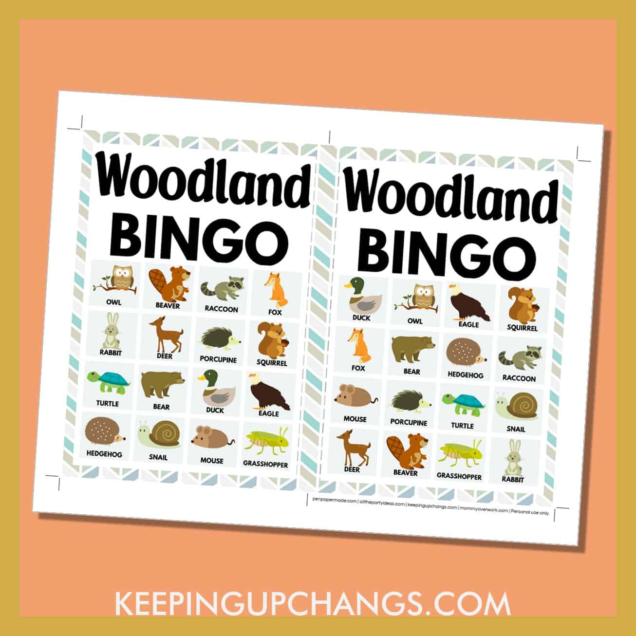 free woodland bingo card 4x4 5x7 game boards with images and text words.