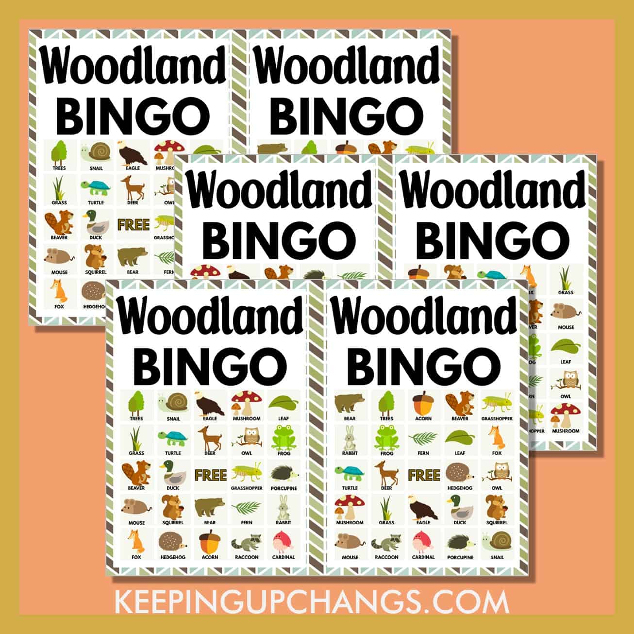 free woodland bingo 5x5 game cards.