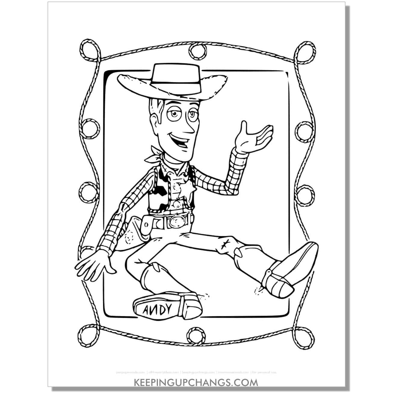 free woody cowboy andy on shoe toy story coloring page, sheet.