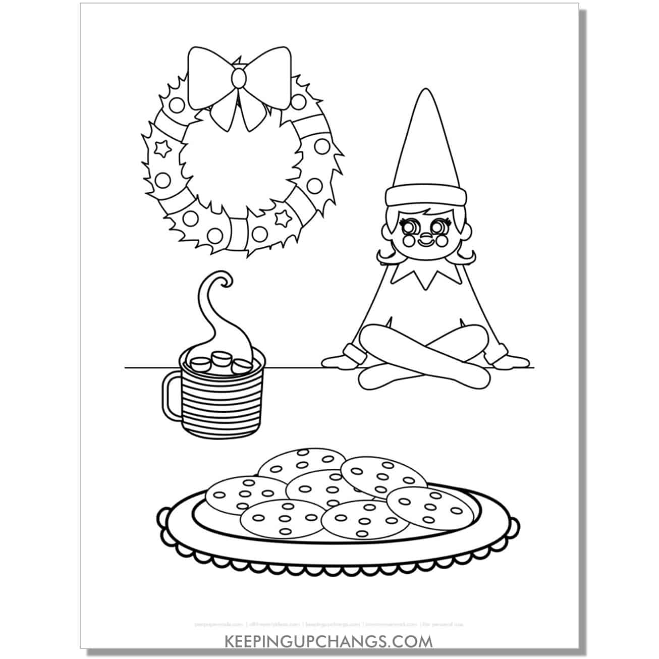 free elf on the shelf female girl with hot chocolate, cookies, wreath coloring page.