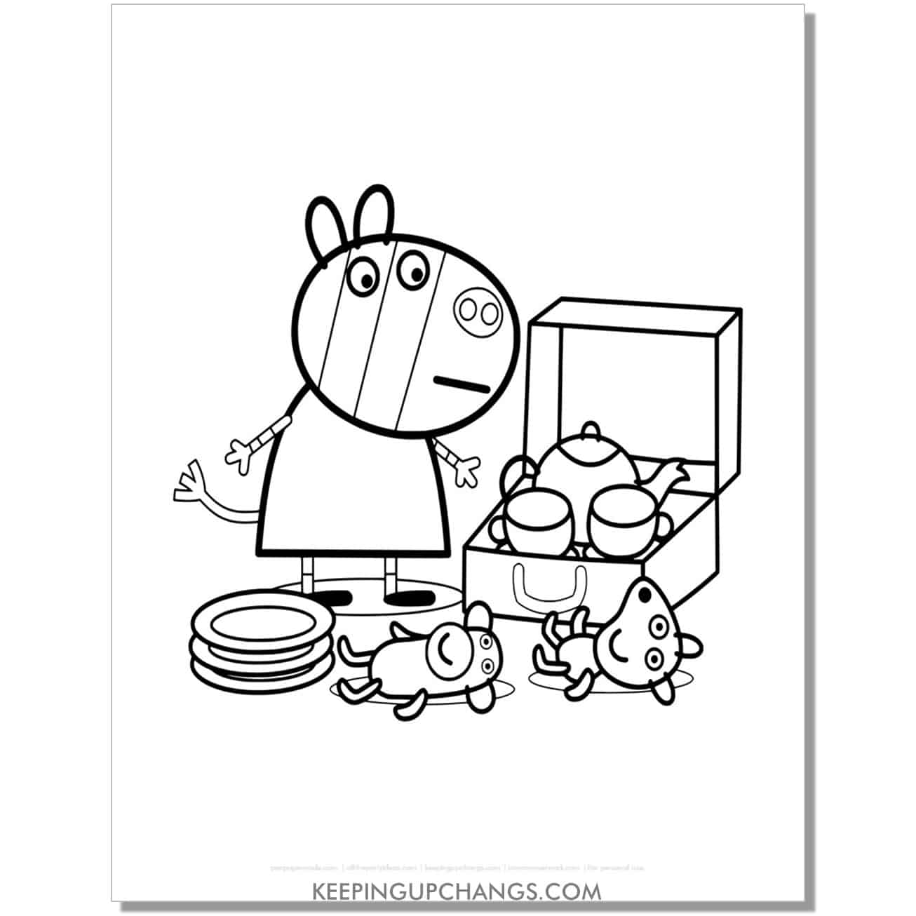 free zoe zebra with tea party pot and cups peppa pig coloring page, sheet.