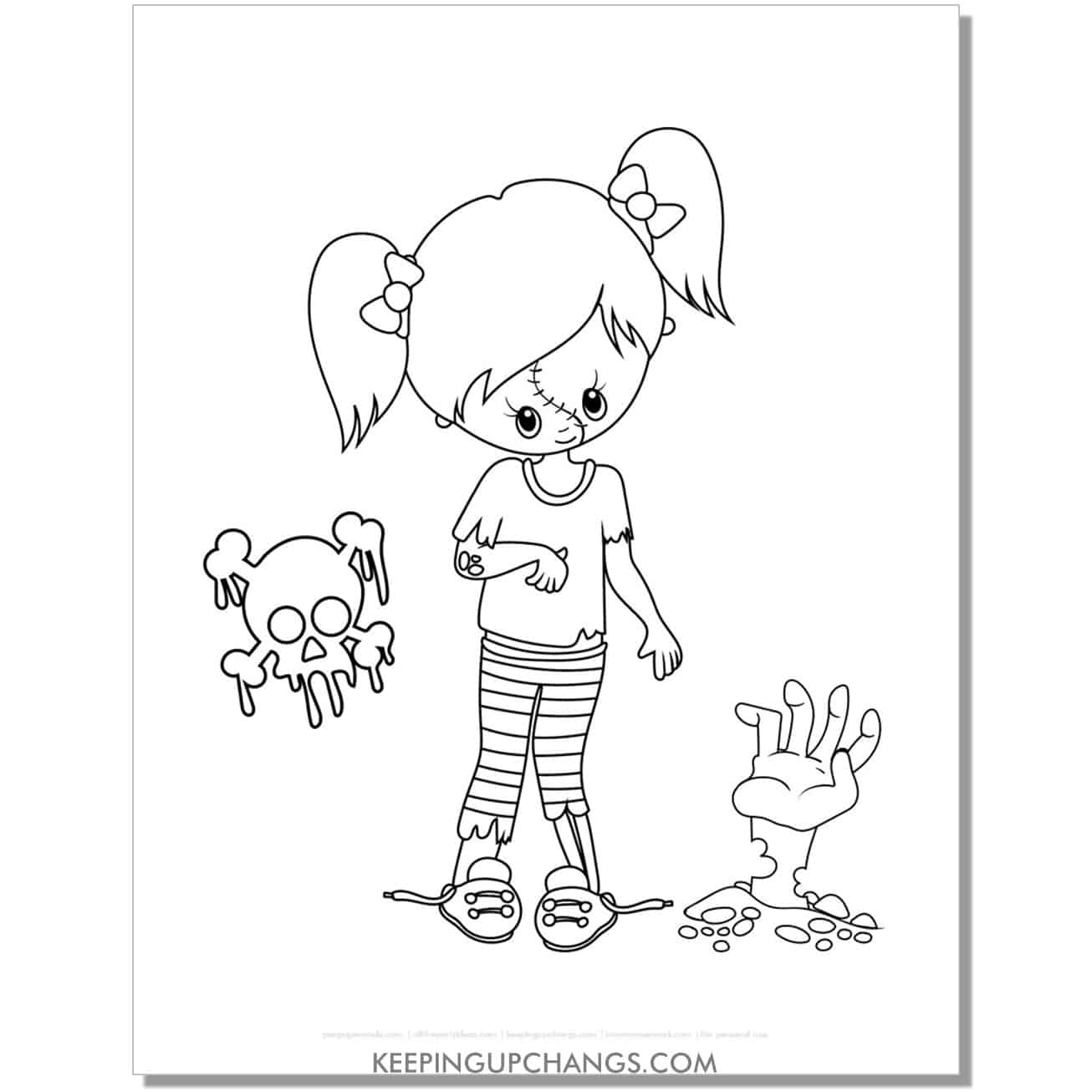 free zombie girl pigtails coloring page.