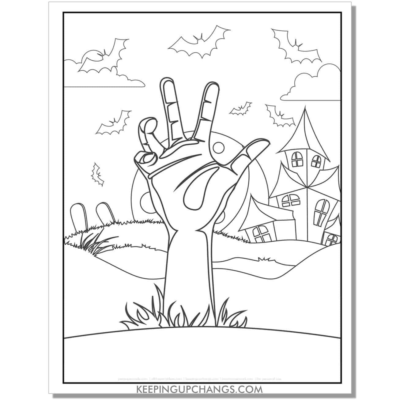free zombie hand haunted house coloring page.