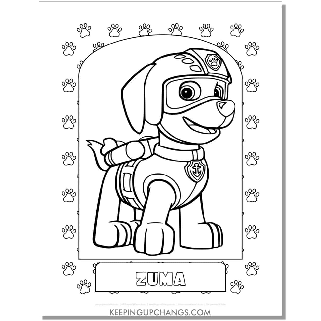 free zuma dog print paw patrol coloring page, sheet.