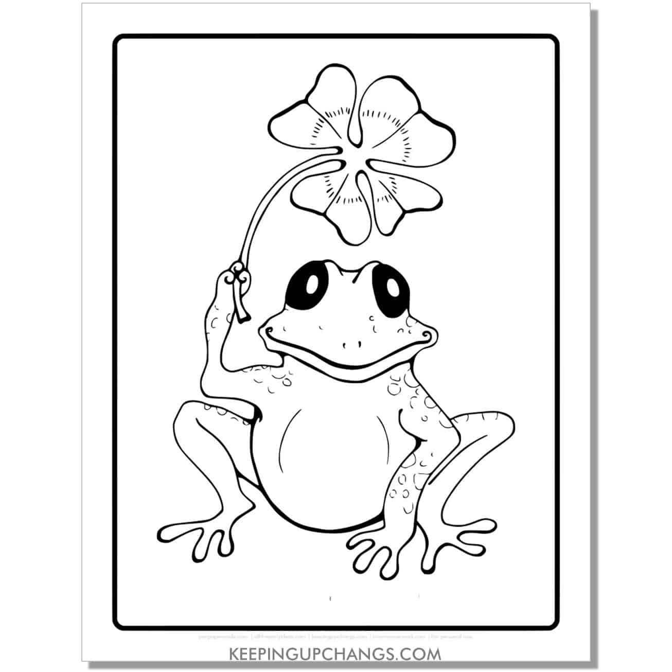free frog with flower hand drawing coloring page, sheet.