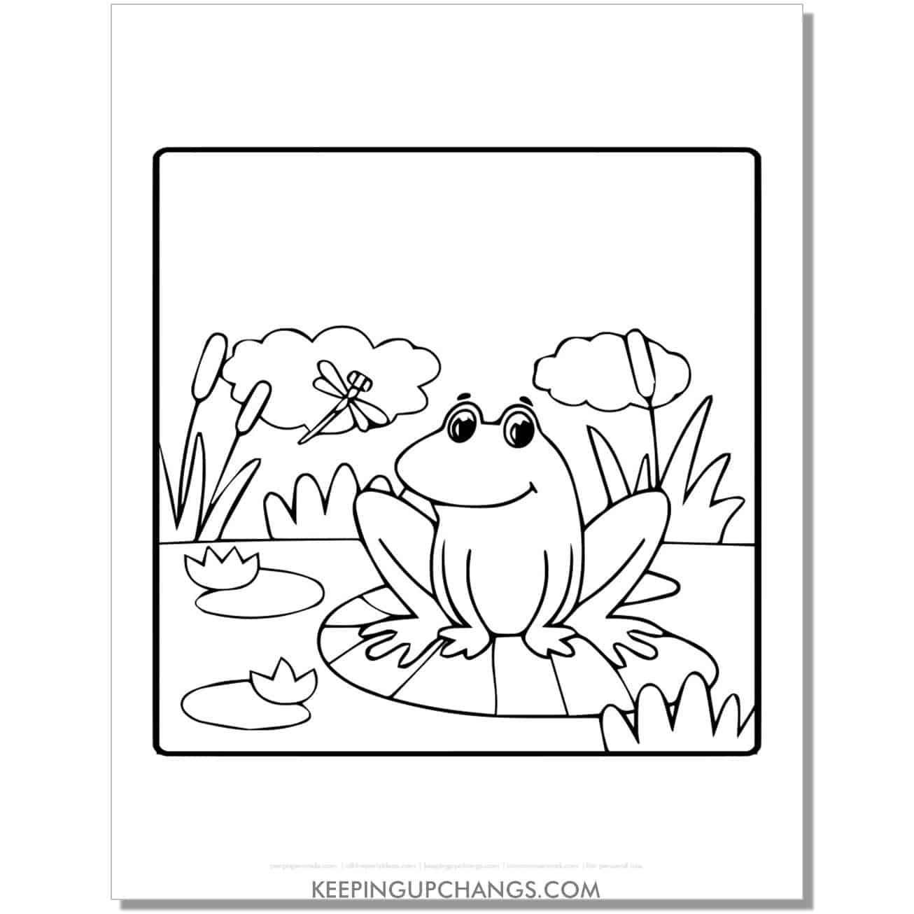free frog in pond scenery coloring page, sheet.