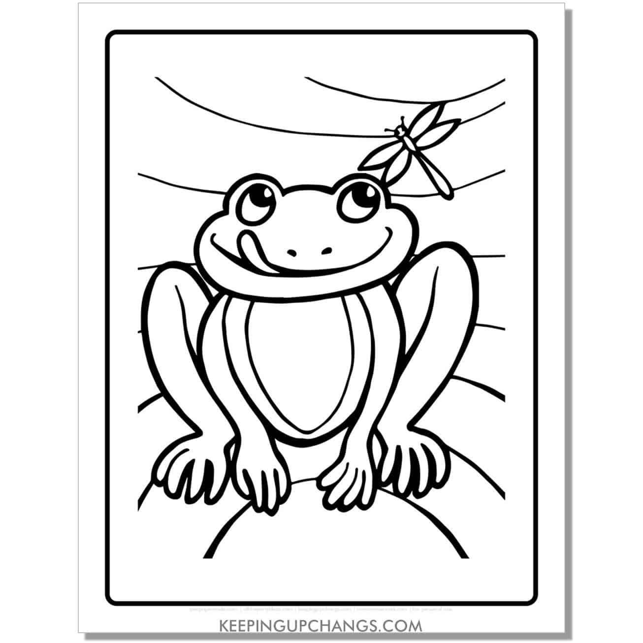 free simple frog coloring page, sheet with dragonfly.