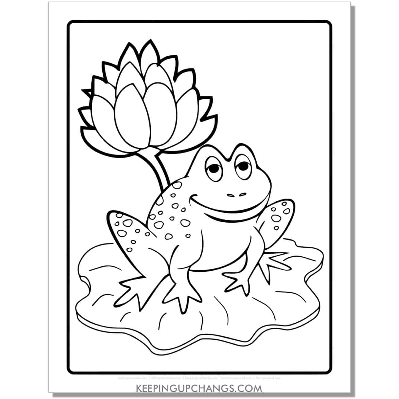 free sleepy frog coloring page, sheet with lotus flower.