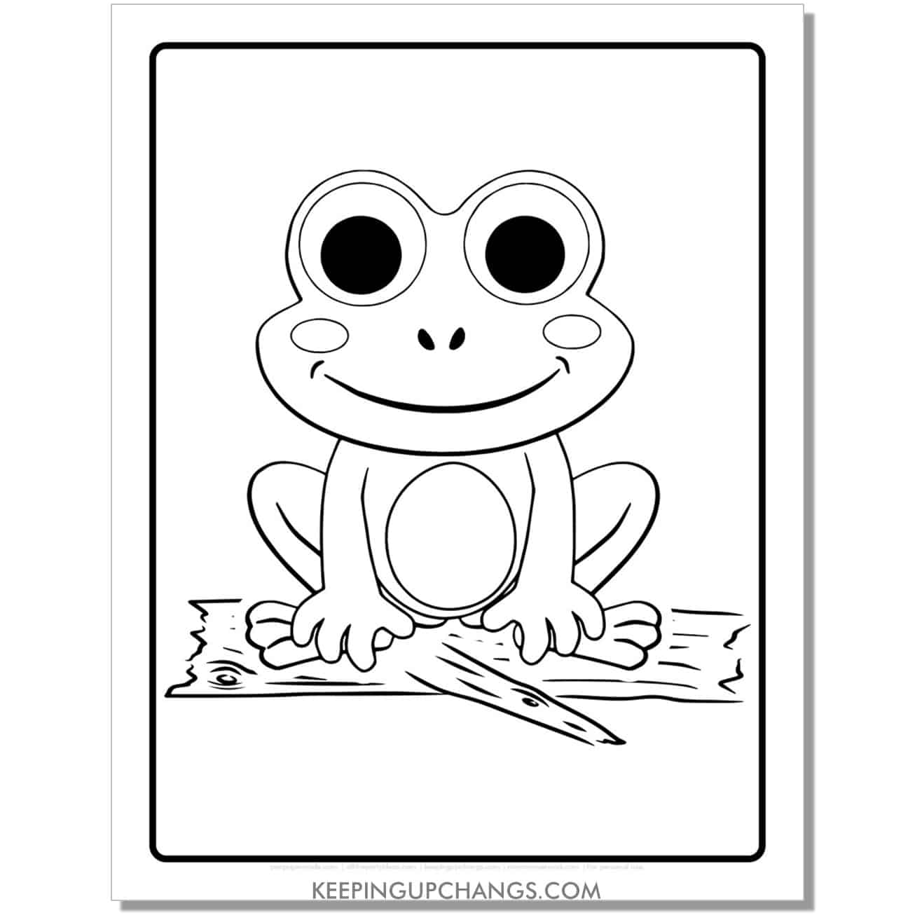 free cute big eye frog coloring page, sheet on log.