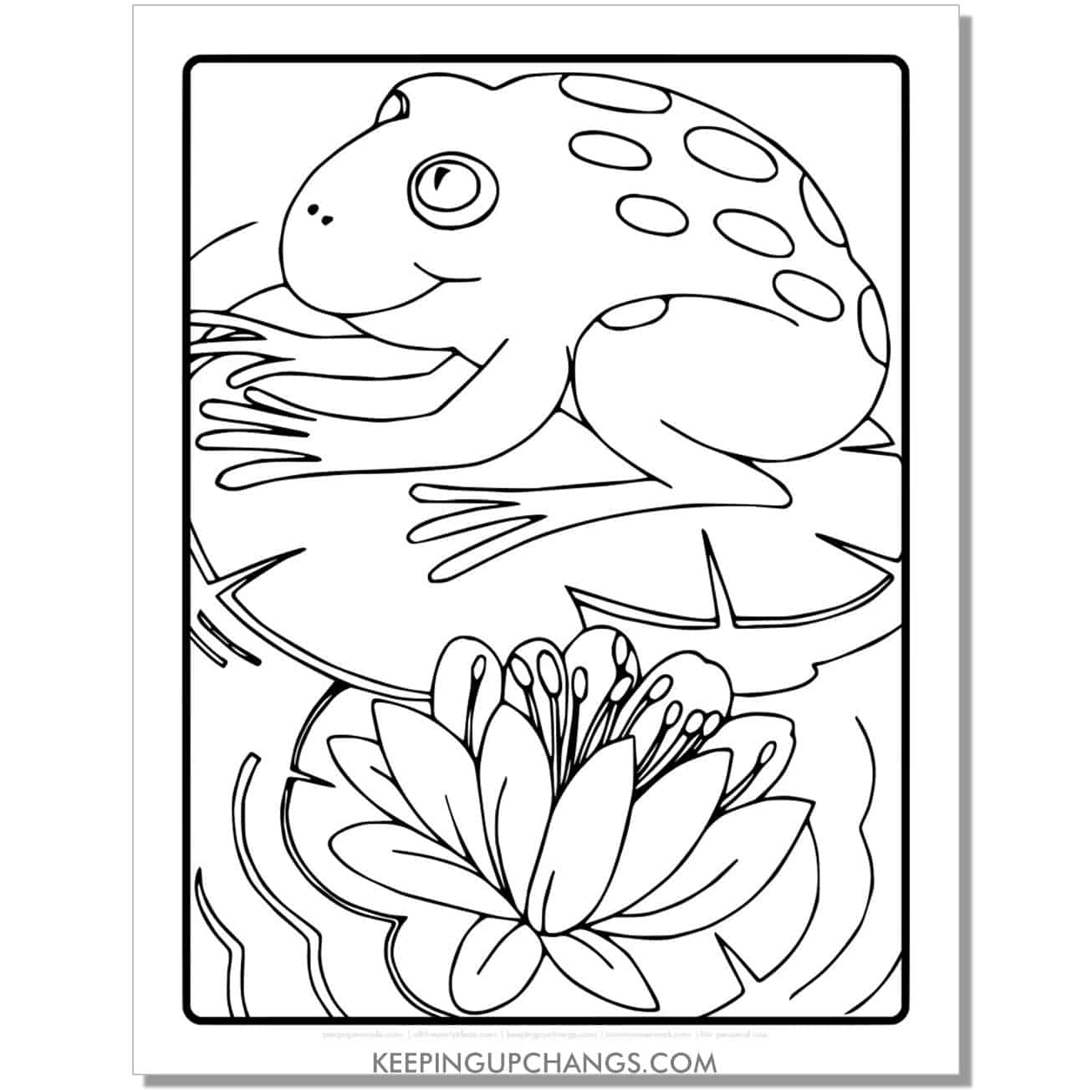 free frog illustration coloring page, sheet with lotus, lilypad.