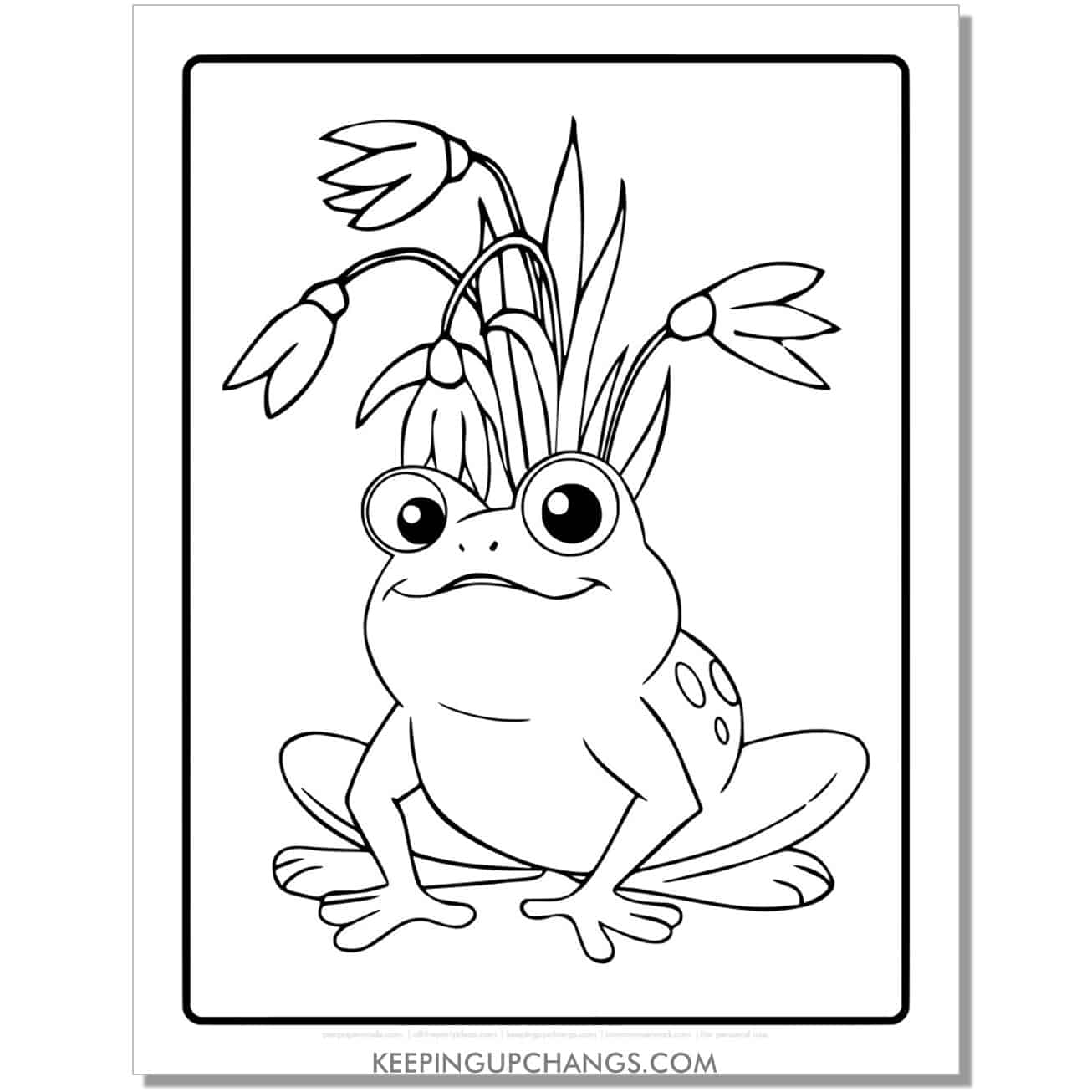 free cartoon frog coloring page, sheet with weeds.