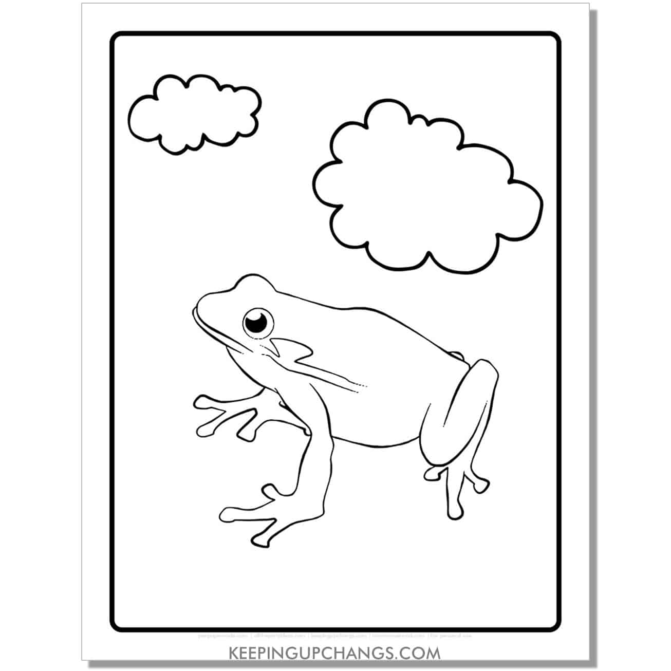 free easy bull frog coloring page, sheet with clouds.