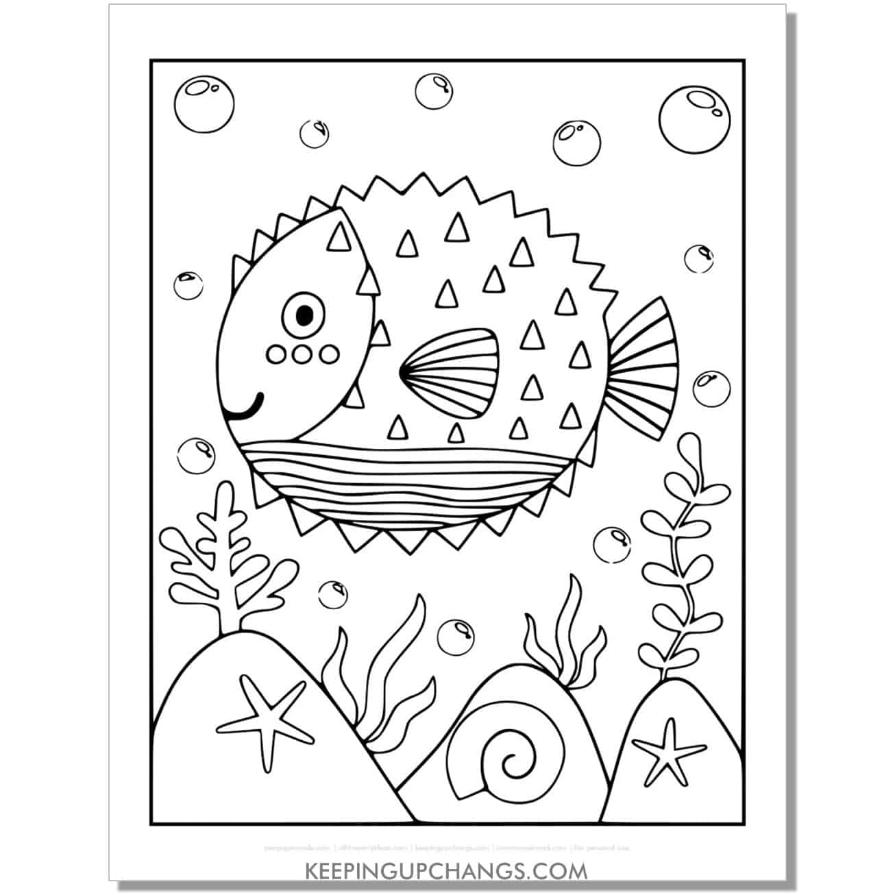 free full size pufferfish coloring page, sheet.