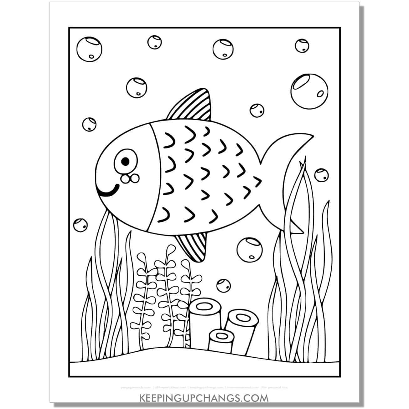 free full size seaweed and fish coloring page, sheet.