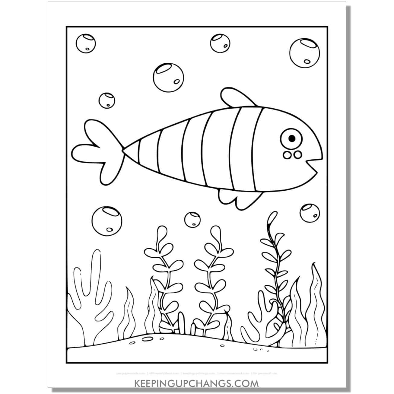 free full size striped fish coloring page, sheet.
