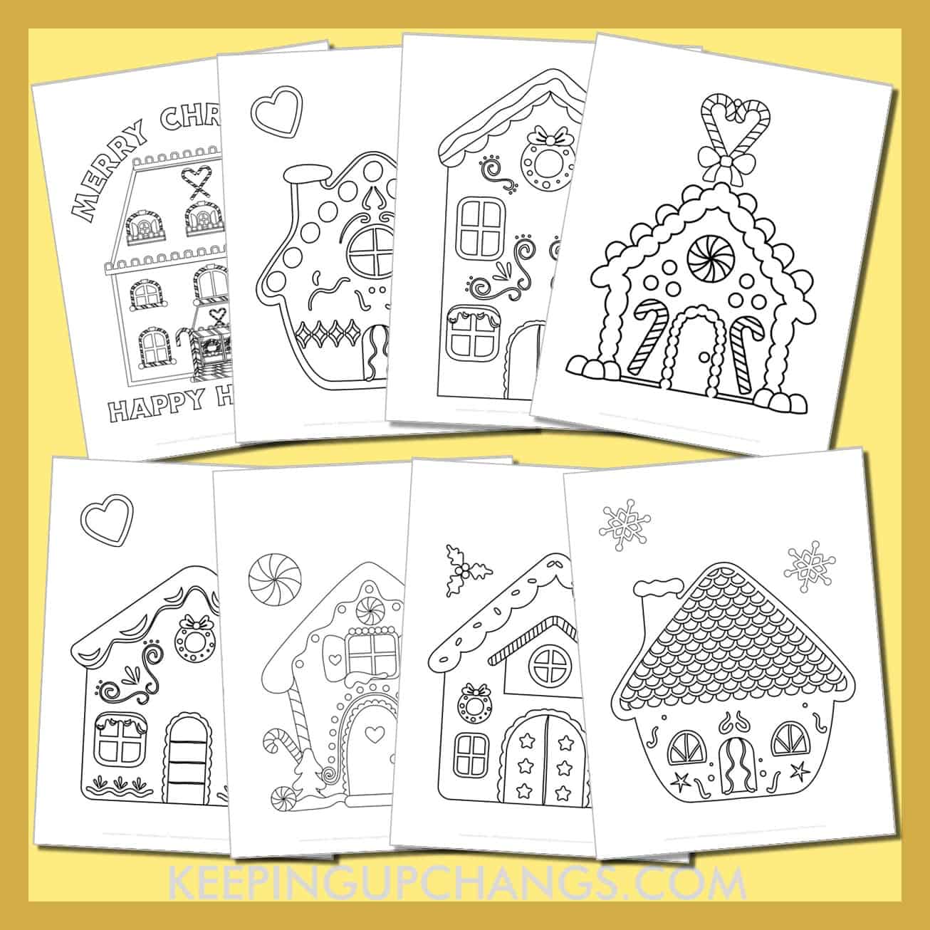 free gingerbread house colouring sheets including large, cute, simple, easy candy creations.