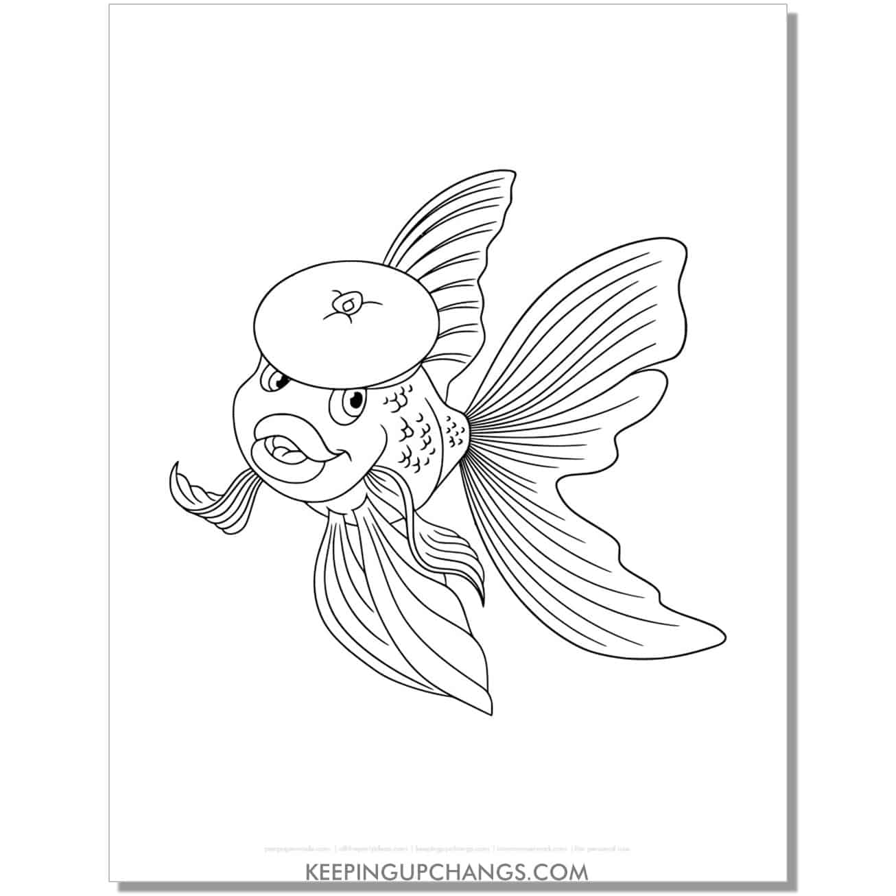 free goldfish wearing beret coloring page, sheet.