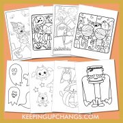 halloween colouring sheets including ghost, bat, witch, cat, spider, haunted house, frankenstein, monster, happy halloween and more.
