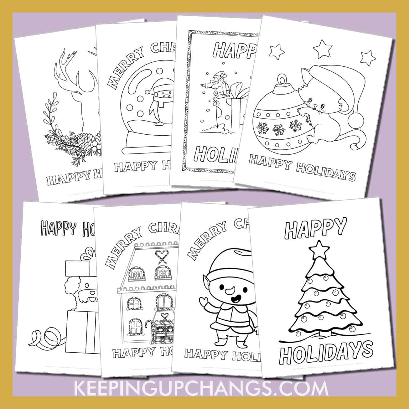 free happy holidays colouring sheets including cute, easy, simple and detailed winter christmas designs.