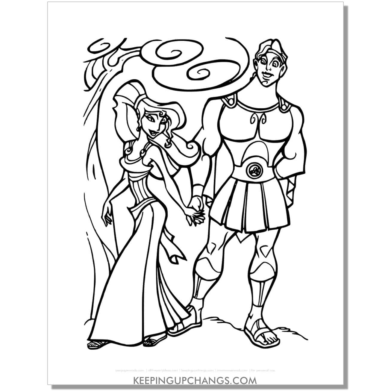 hercules holding meg's hand coloring page, sheet.