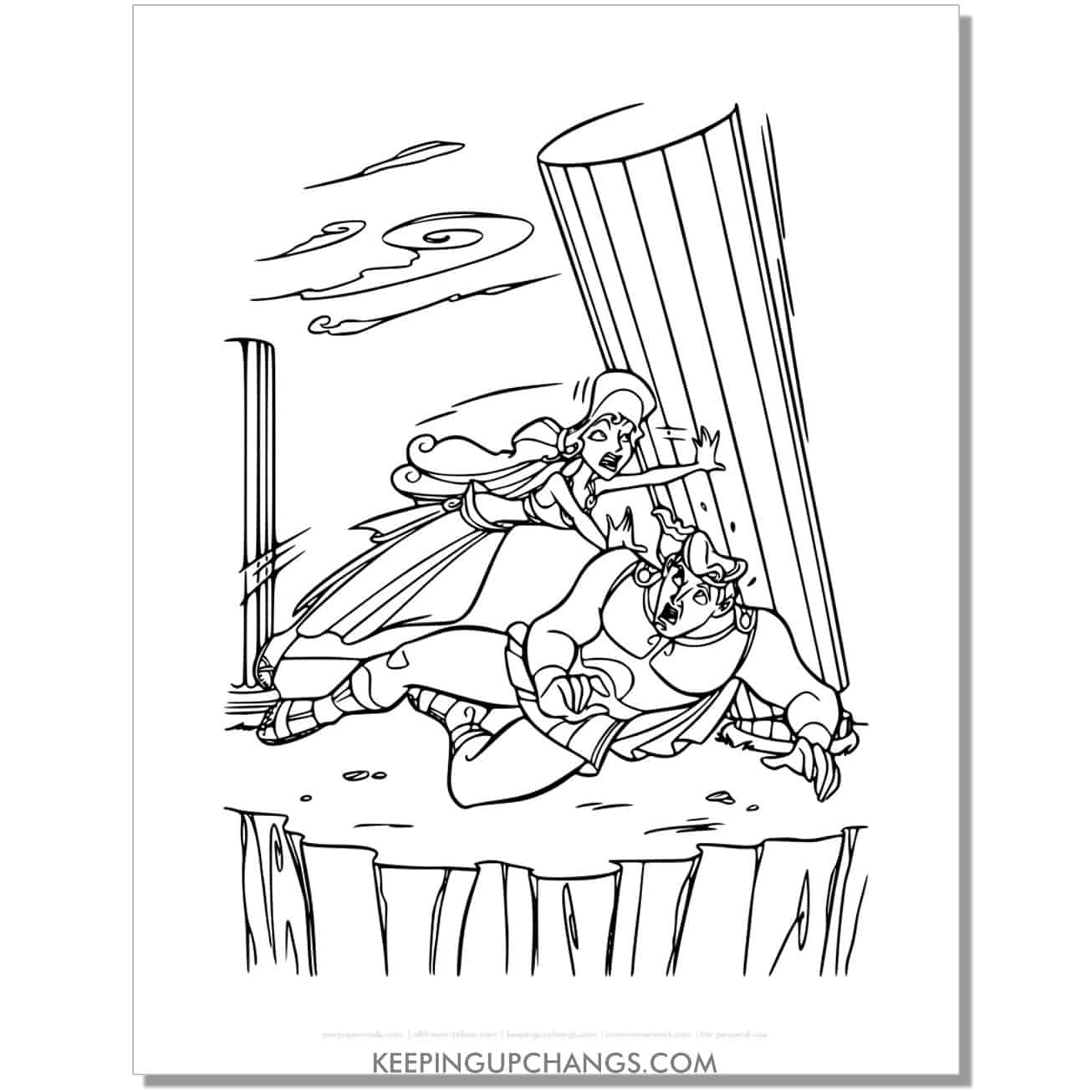 meg saves column from falling on hercules coloring page, sheet.