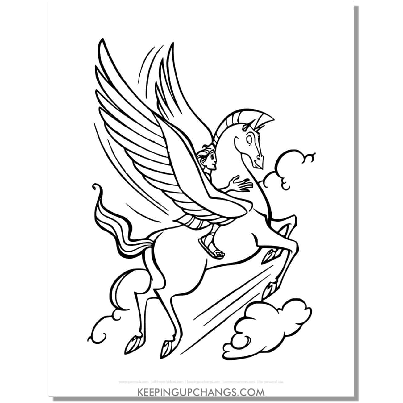 hercules, pegasus flying side view coloring page, sheet.