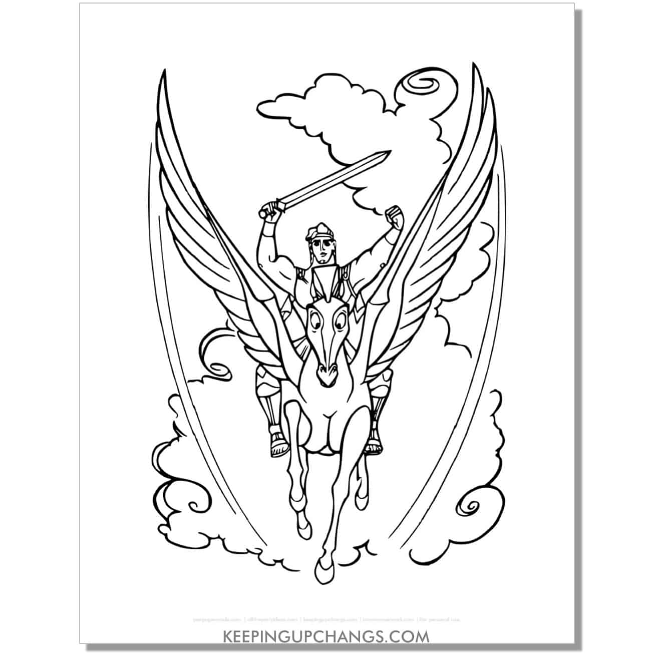 hercules, pegasus flying front view coloring page, sheet.