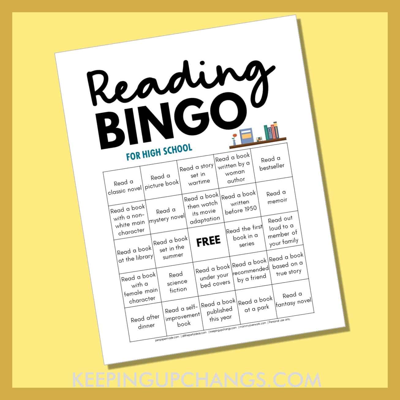 high school reading bingo challenge with fun ways to enjoy reading.