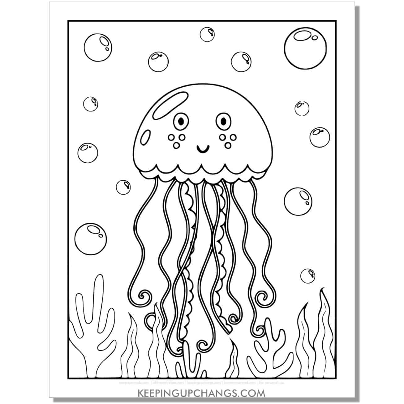 free happy jellyfish coloring page, sheet for kindergarten.
