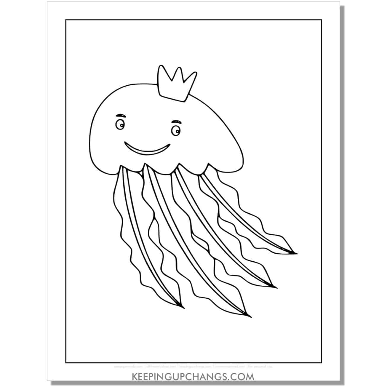 free cartoon ilustrated jellyfish coloring page, sheet with crown.