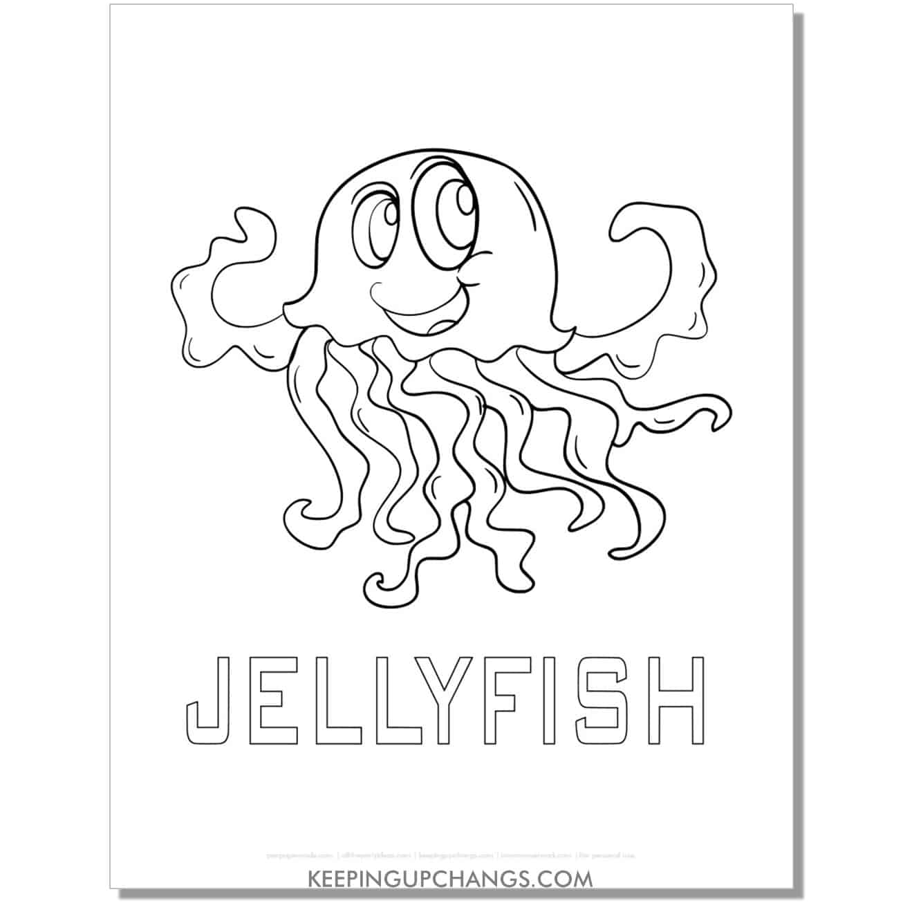 free funny jellyfish with word coloring page, sheet.