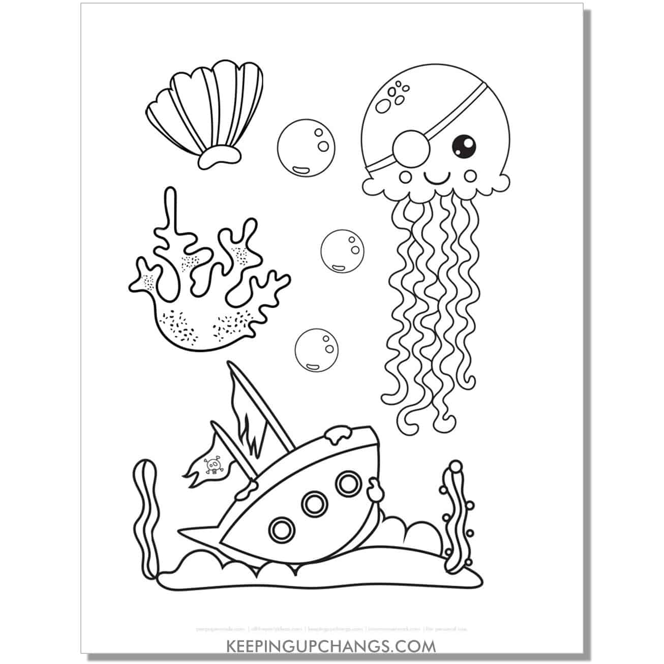 free kawaii pirate jellyfish coloring page, sheet.