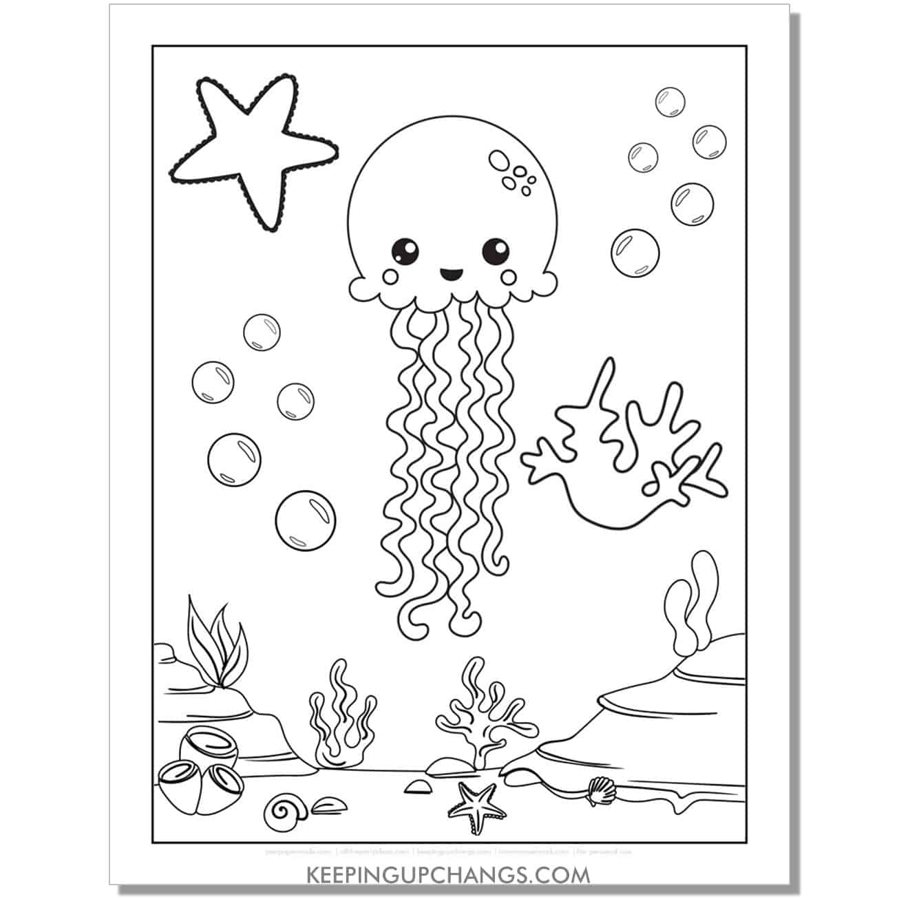 free cute jellyfish coloring page, sheet with ocean floor.